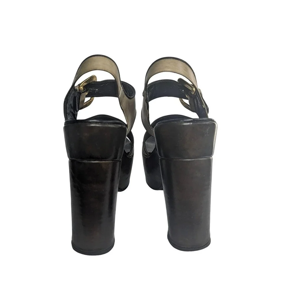 Vintage 70s Leather Platform Sandals Disco Chunky Block Heel Slingback Brown 7.5